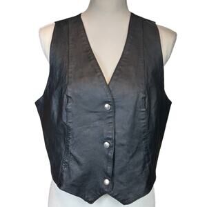 Wilsons Leather Vest Women Sz XL Black Snap Front Biker Rider Retro Western Top